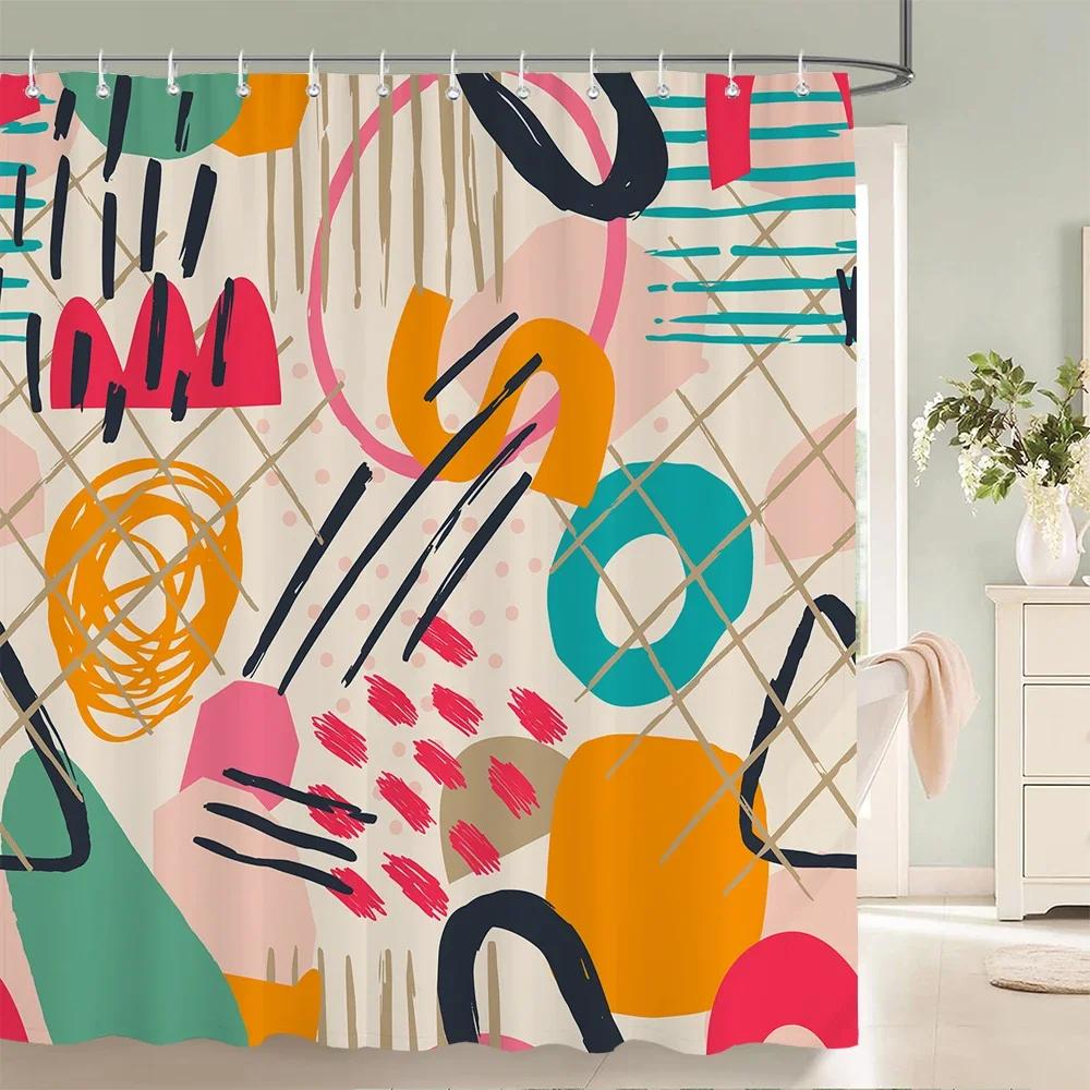 Abstract Bohemian Shower Curtain Medieval Minimalist Art Polyester Fabric Shower Curtain Bathroom Decoration Curtain with Hooks