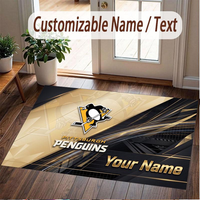 Custom Rug Pittsburgh Penguins Pattern Print Name Text Soft Non‑Slip Floor Carpet for Home Indoor Decoration