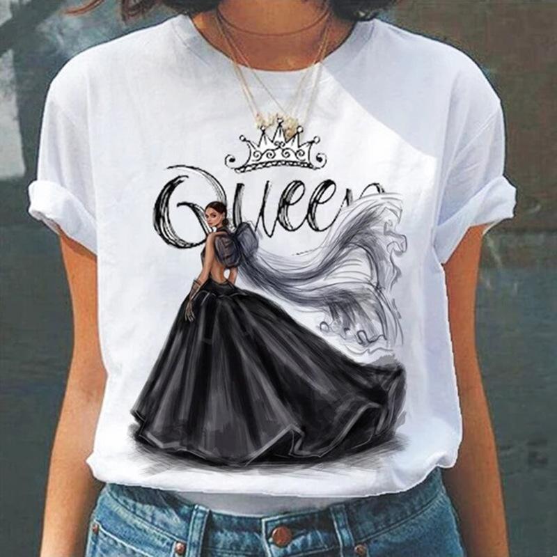 Camiseta de Verano de Cuello Redondo con Estampado 3D de Patrón de Reina, Camisetas de Mujer Casuales de Moda de Manga Corta