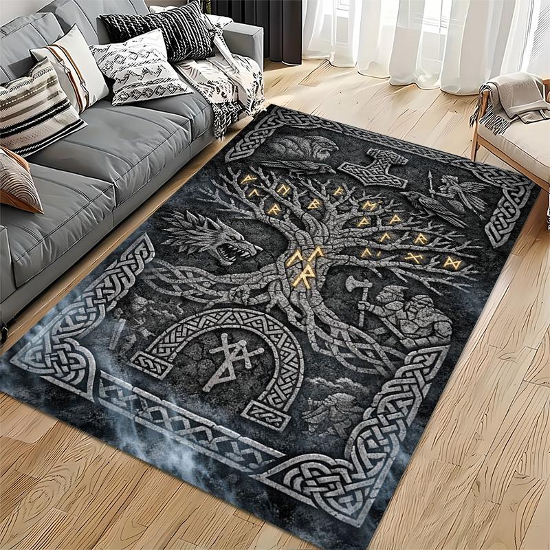 Norse Mythology Area Rug, Viking Yggdrasil Tree Mjolnir Runes Raven Wolf Stone Carving Print, Pagan Cabin Decor, Non-Slip Mat