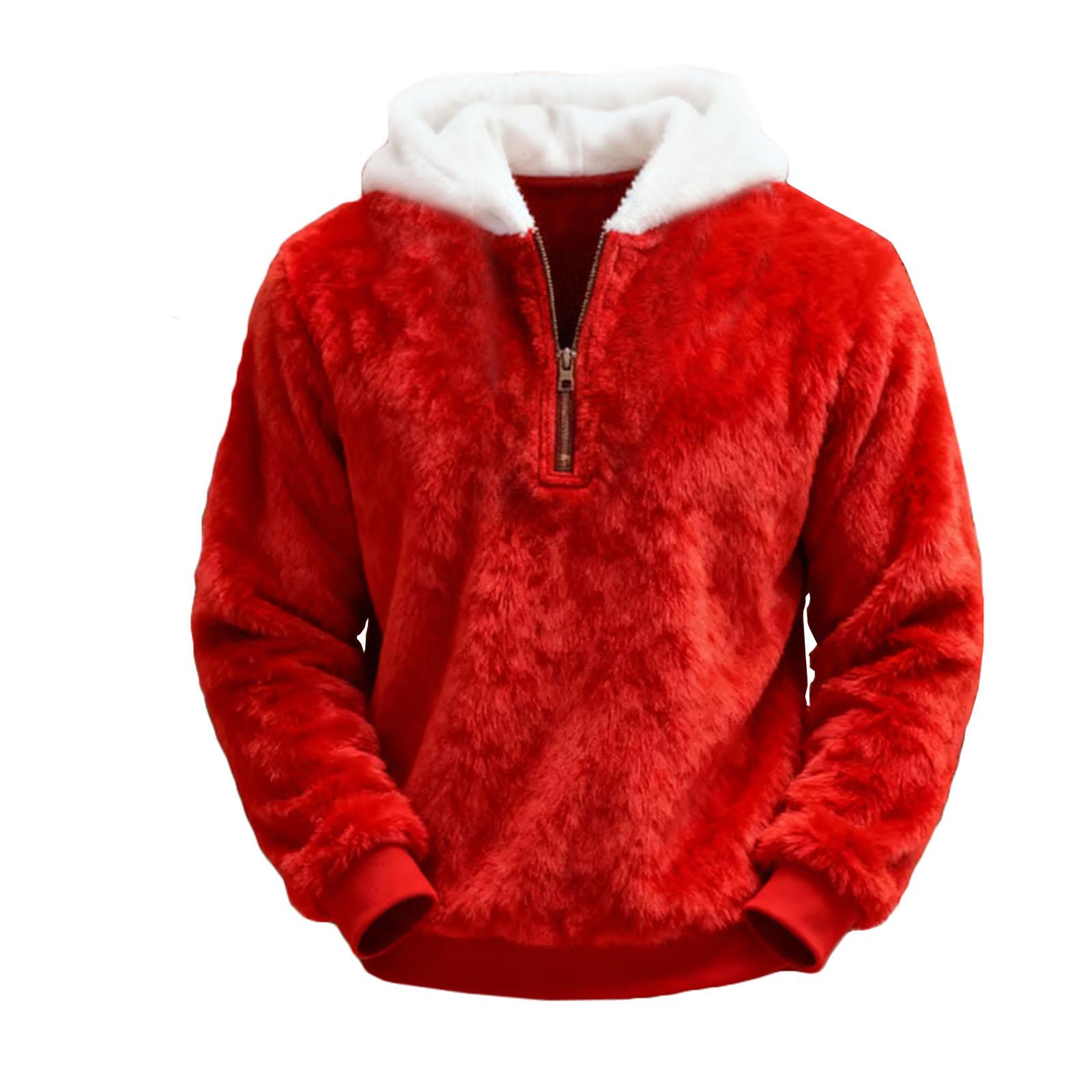

Men s Plush Hooded Colorblock Fall And Winter Warm Top Sweatshirt S красный