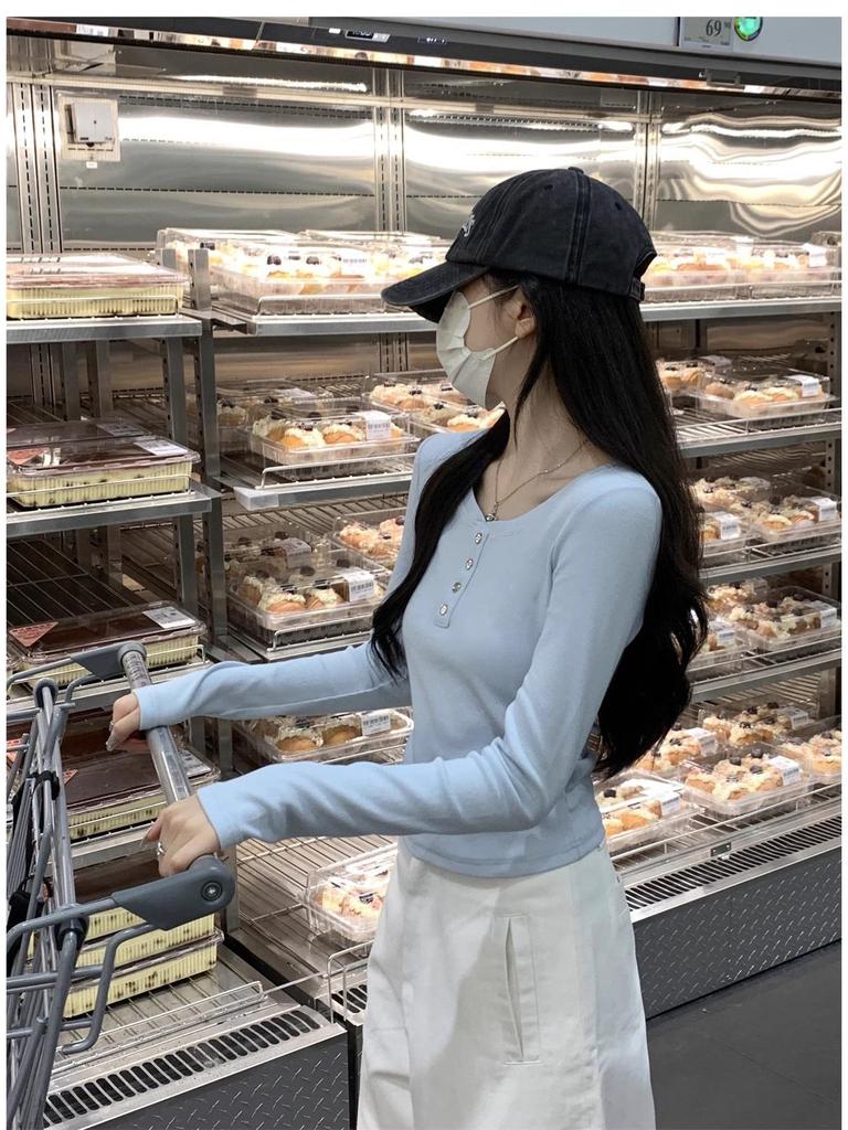 Korean Style Blue Macaron Pleated Waist-Cinching Long-Sleeve Top for Women