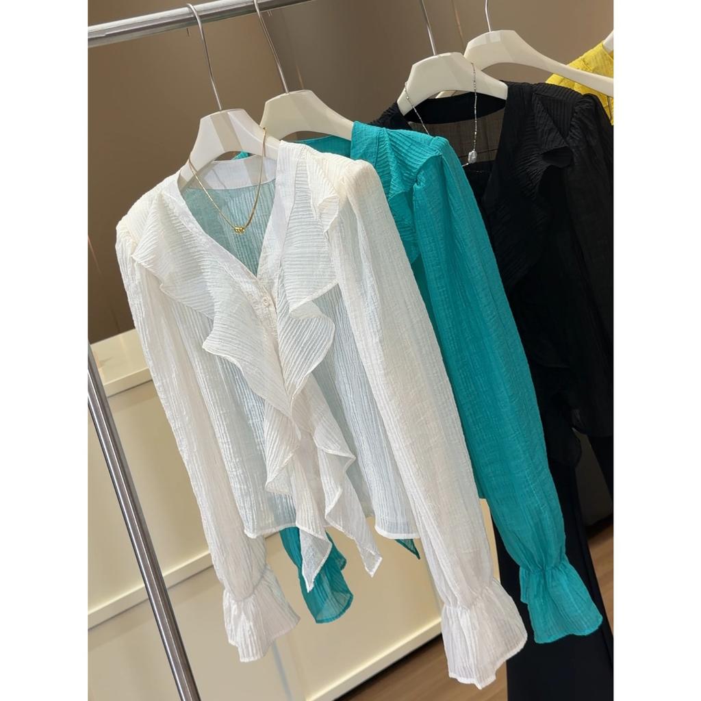 Women's V-Neck Long Sleeve Blouse Ruffle Flounce Chiffon Loose Casual Summer Top