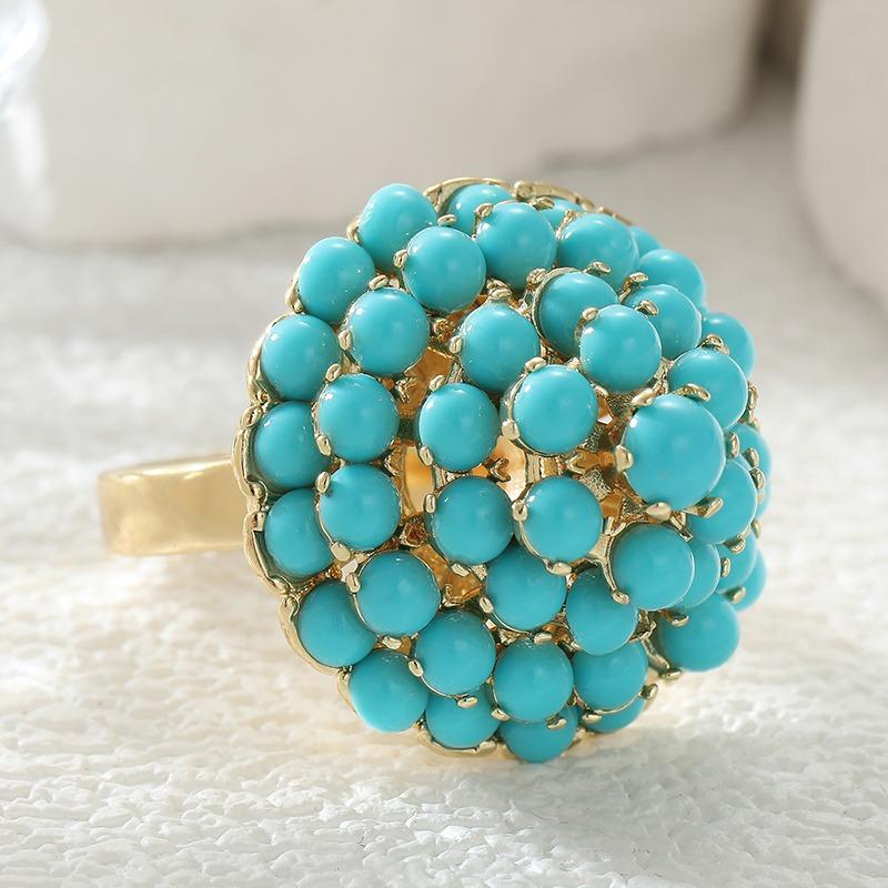 Vintage Inlaid Imitation Turquoise Women's Ring Ethnic Gold Color Geometry Daily Wear Party Jewelry Anniversary Gift