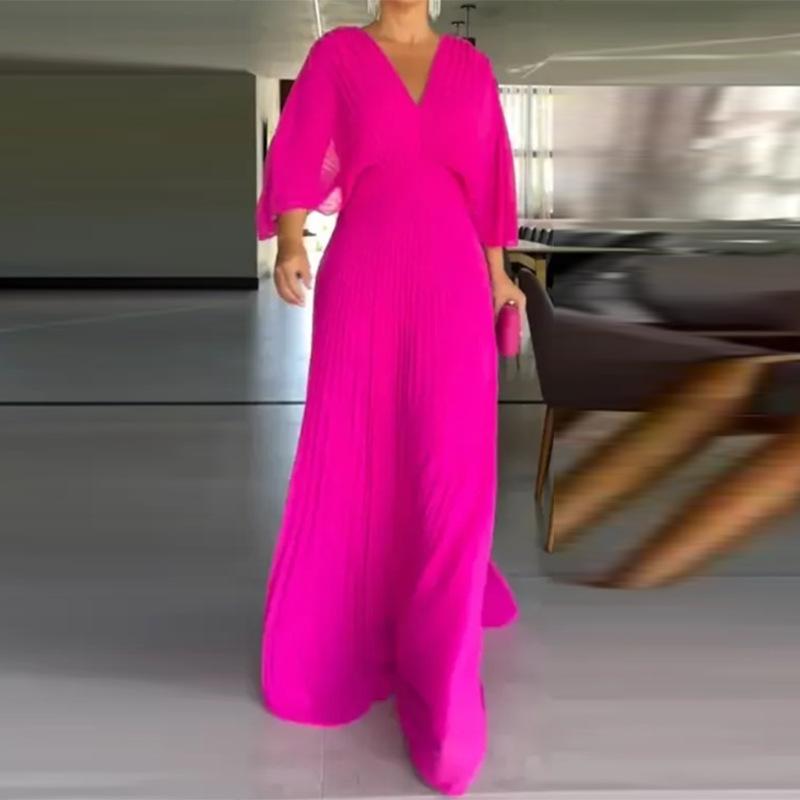 Women's Solid V Neck Batwing Half Sleeve Pleated Maxi Dress High Waist Formal Evening Gown XS-3XL