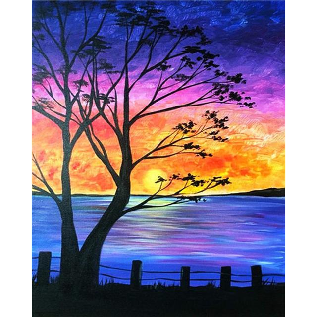 TISHIRON Kit Pittura Con I Numeri Per Adulti - Tramonto - 40x50cm Su Tela - Colori Acrilici E Pennelli Inclusi - Fai Da Te