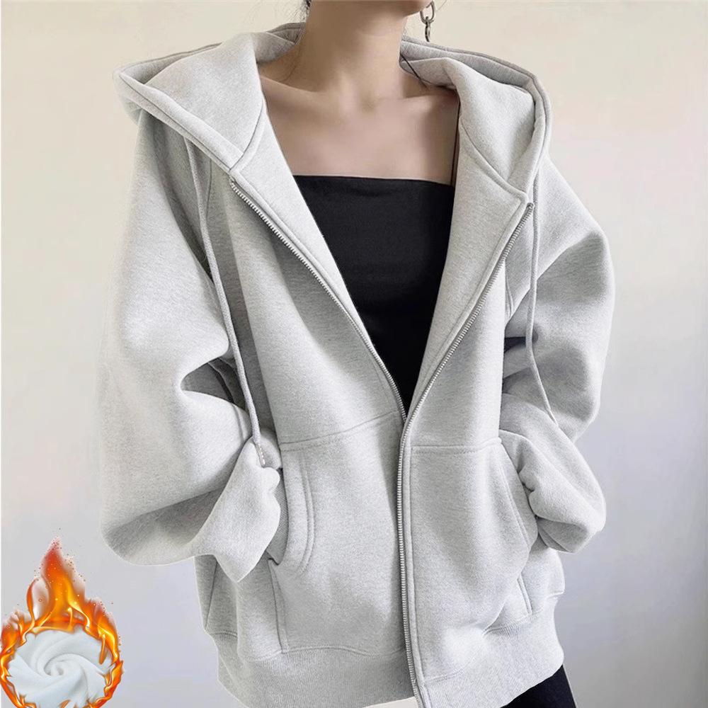Women's Retro American-Style Hooded Cotton Cardigan with Plus Velvet for Autumn/Winter 2025