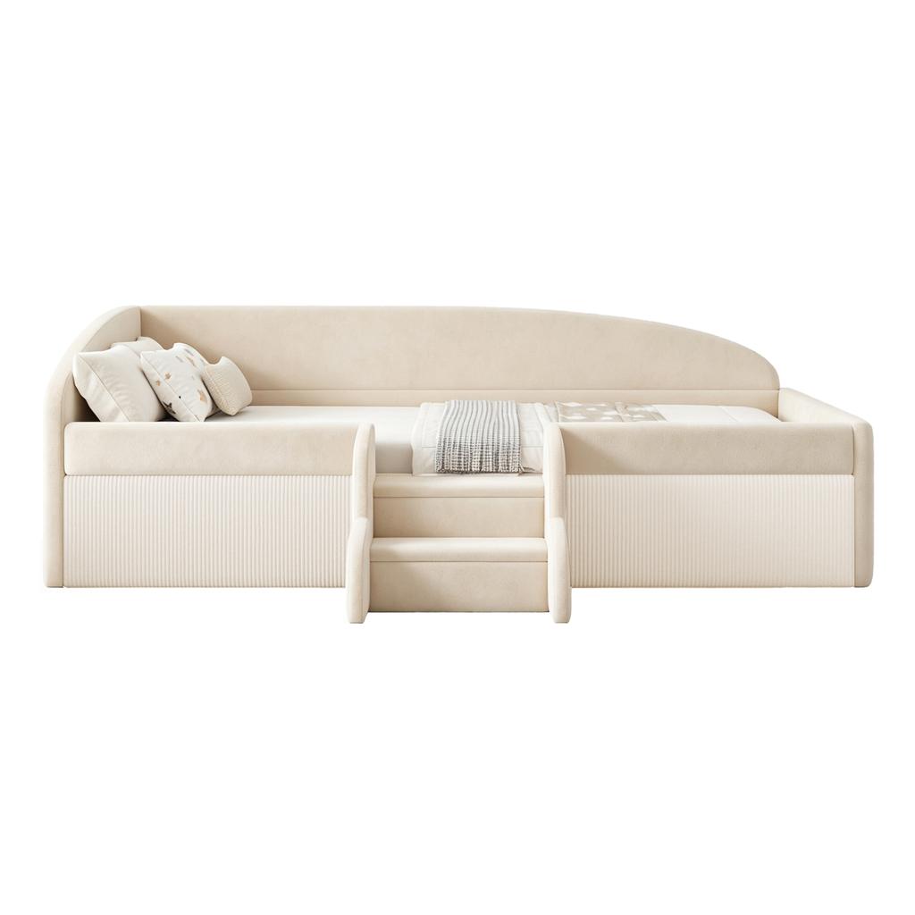 Cama Estofada Cama Infantil 90*190cm, Cama Multifuncional, Com Degraus e Grades de Proteção, Tecido de Veludo Amigo da Pele, sem Colchão Bege