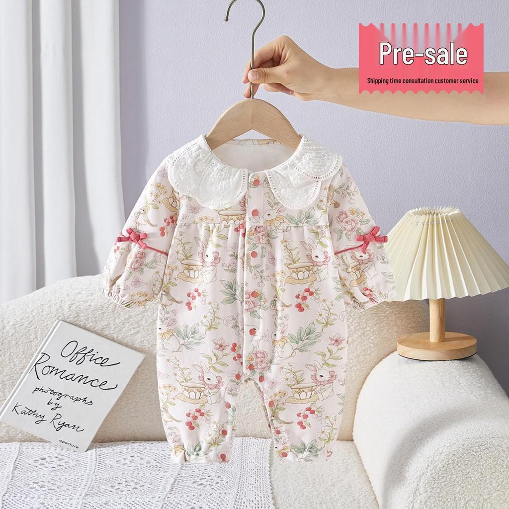 Autumn Rabbit Print Bowknot Baby Girl Romper Onesie