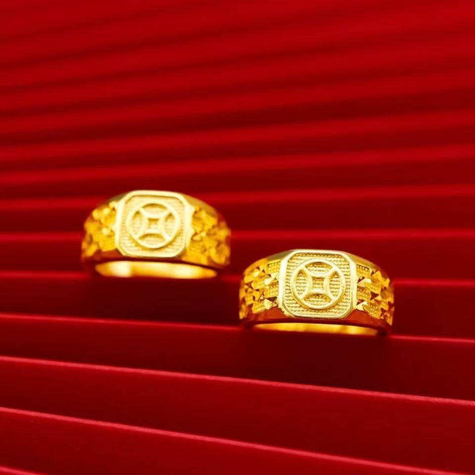 Vietnamese Sand Gold Men's Copper Gold-Plated Ring with Jade Fortune Design