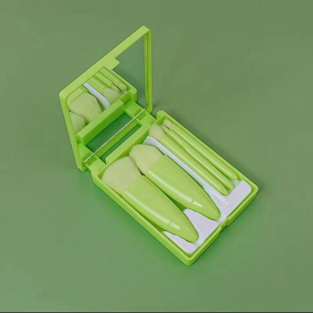 5-Piece Portable Makeup Brush Set with Mirror - Includes Eyeshadow, Powder, Blush, and Travel Brushes