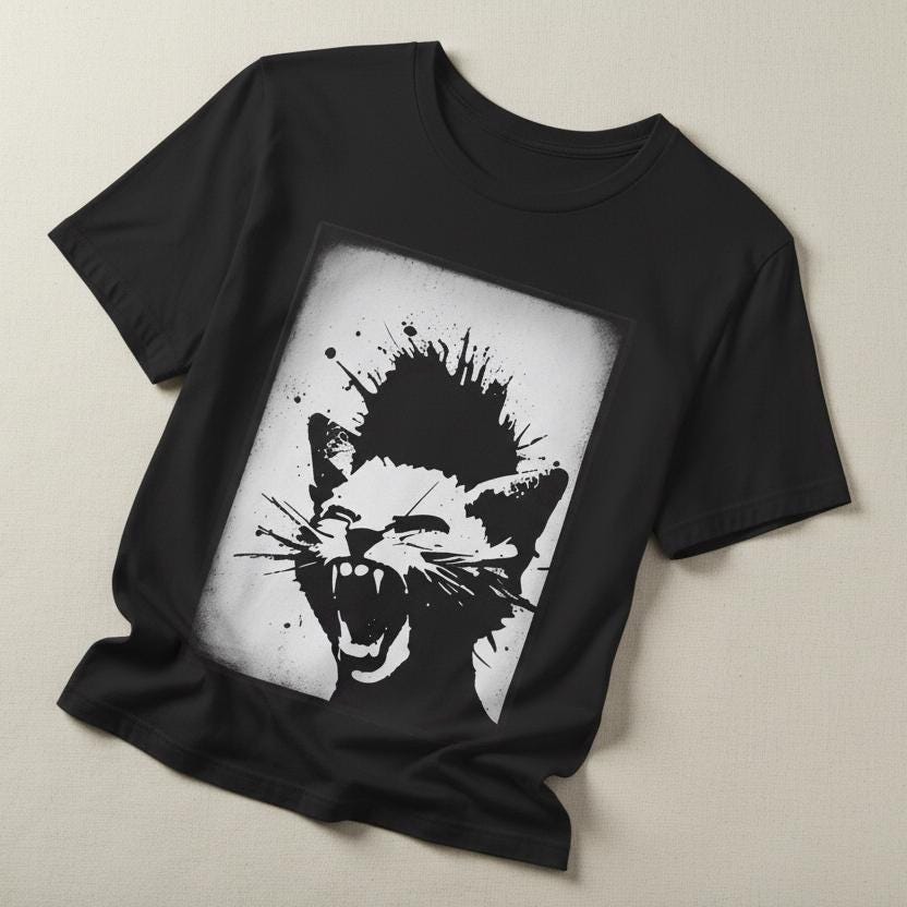 Punk Cat with Mohawk T-Shirt | Unisex Bella+ Gothic Tee | Rockabilly Protest Top | Goth Cat Resist Shirt | Anarchist Feline Apparel