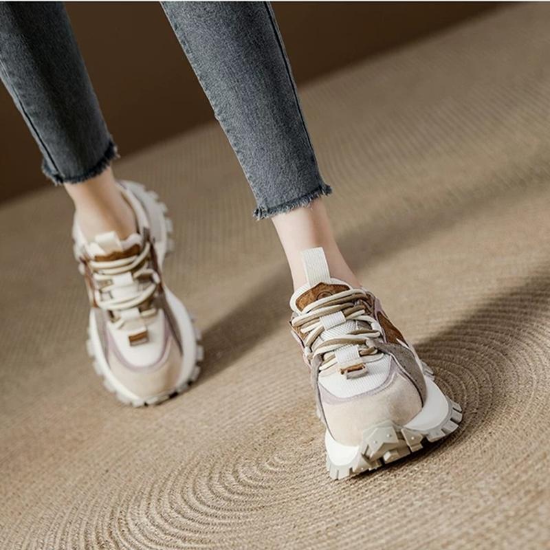 Women Sneakers Shoes Genuine Leather  New Spring Color-Blocked Dad Shoes Women Fashion Platformrunning Shoes Women