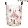 1pc Whimsical Fairy-Tale Cottage Print Laundry Basket | Large Round Polyester Hamper with Handles, Foldable Portable Storage for Bedroom, Dorm, Playro