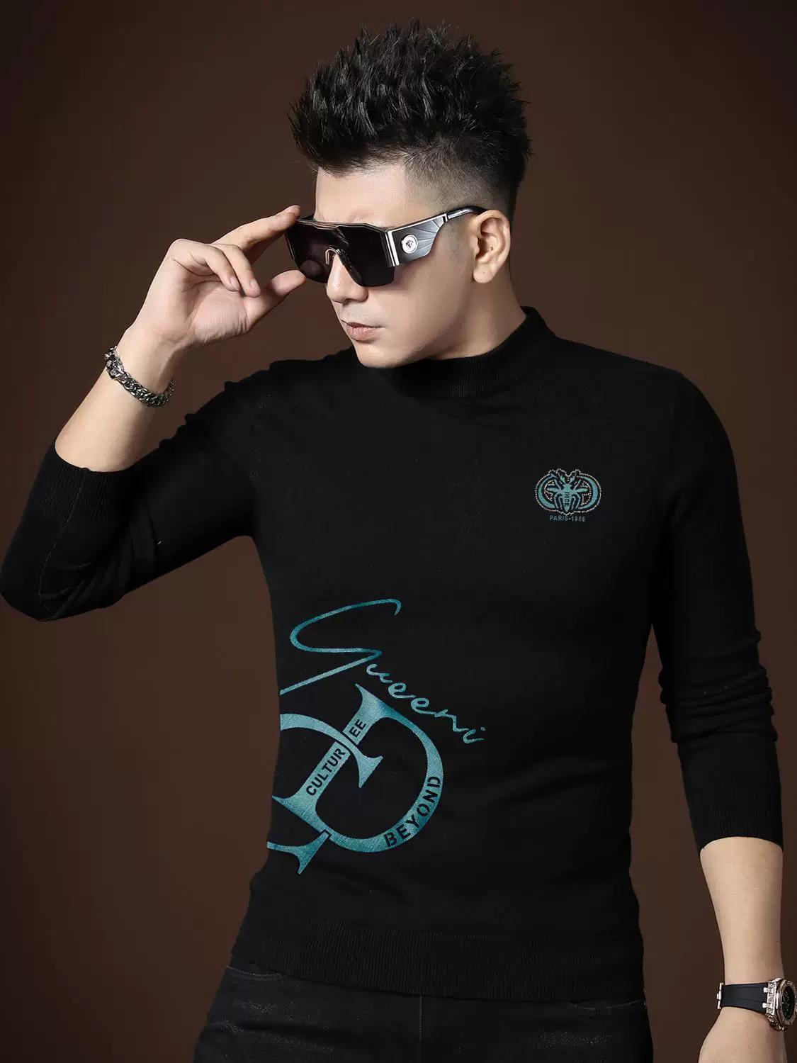 European Trendy Brand 2025 Autumn New Half-Turtleneck Base Sweater Men s Trendy Printed Casual Pullover Knitwear XL