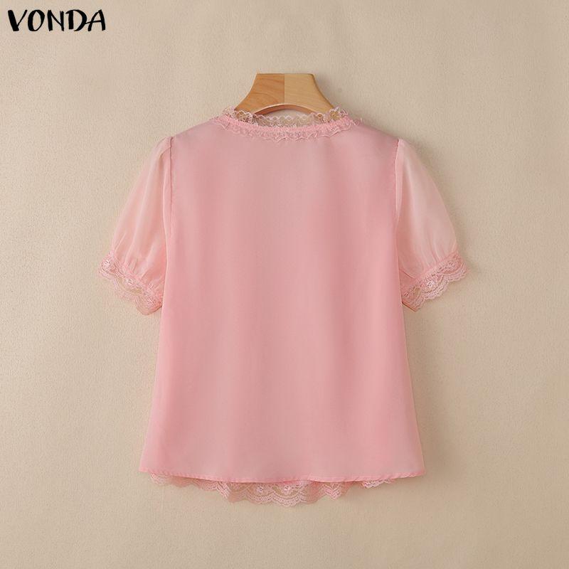 VONDA Women V Neck Short Sleeve Lace Hem Sheer Patchwork Casual Blouse Tops