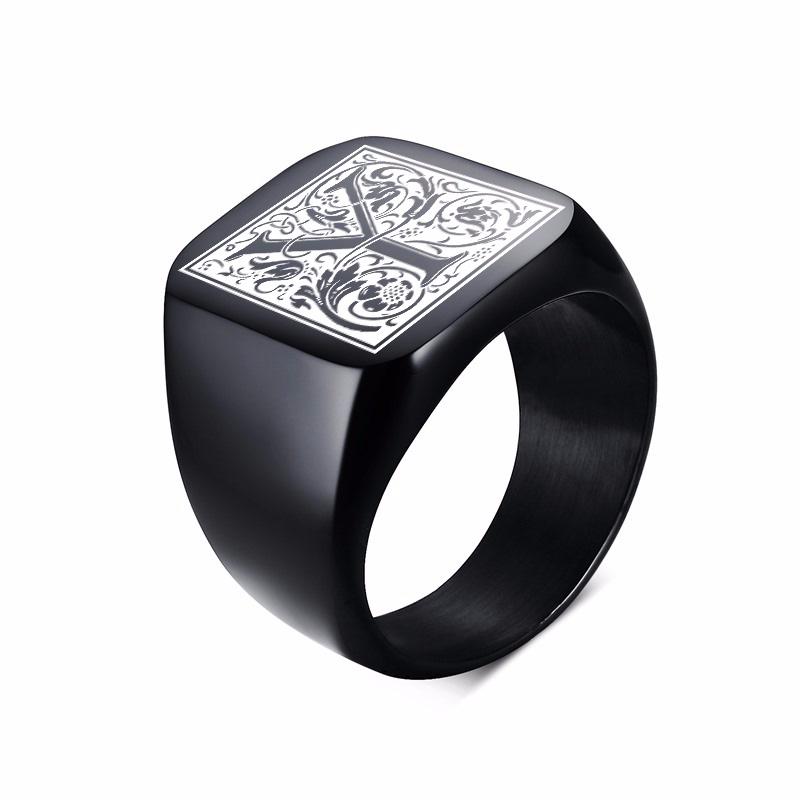 Mens Stamp Ring,Black Stainless Steel Letter Ring Chunky Ring,Rock Punk Jewelry Gift for Him