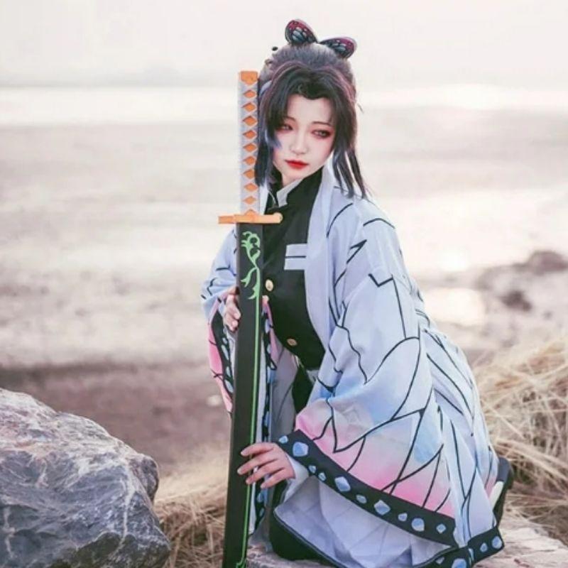 Anime Demon Slayer Kimetsu No Yaiba Kochou Shinobu Cosplay Kostýmní sada paruk Kimono Jednotné halloweenské anime kostýmy pro dospělé děti