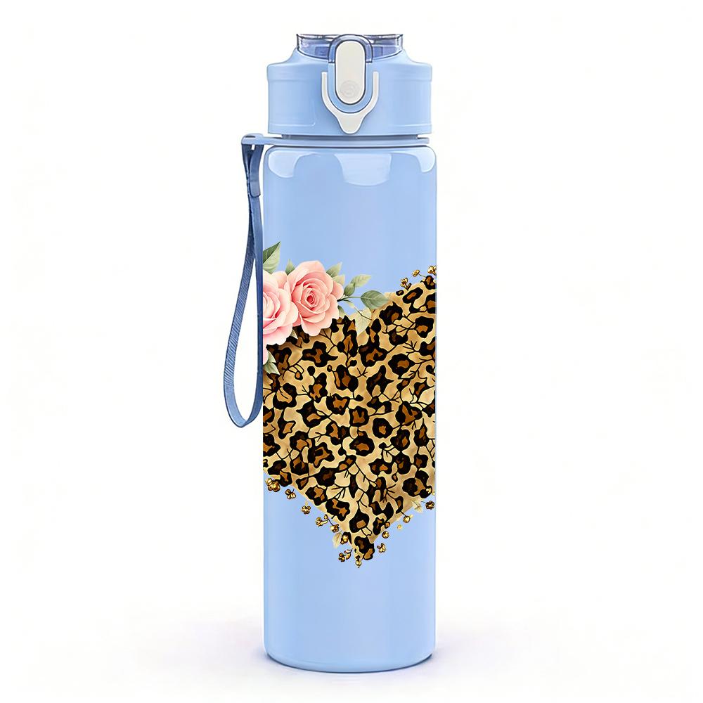 1PC Leopard Print Heart 750ml Color Plastic Sports Water Bottle Leakproof Flip Straw Lid Suitable for Sports Office Home Use