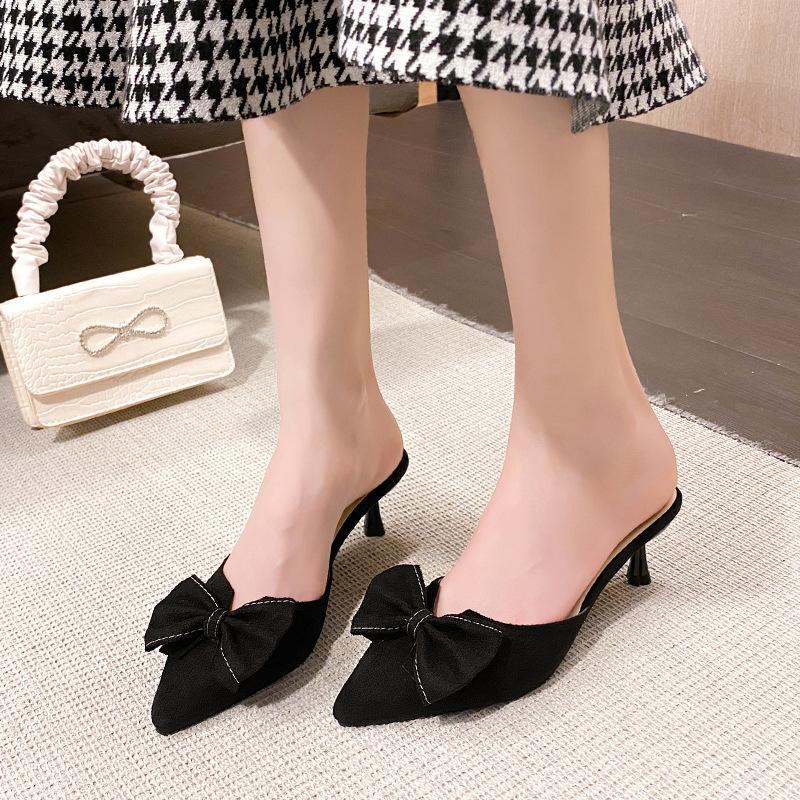 Sexy Half-slippers for Women In Summer New Korean Style Fashionable Thin Heel Pointed Bow High Heel Sandals for Women