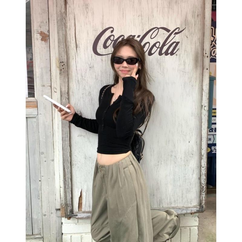 [Keren Cotton Modal] Solid Color Simple Button Slim and Thin Round Neck Design Versatile Top Tide