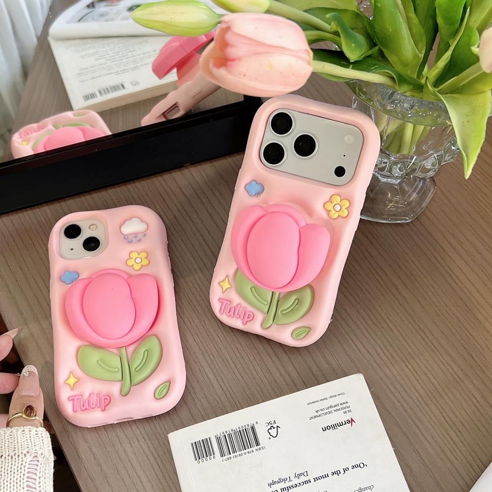 KEYSION Cute Cartoon 3D Tulip Flower Phone Case for iPhone 13 14 15 16 17 Pro Max Soft Silicone KickStand Shockproof Back Cover