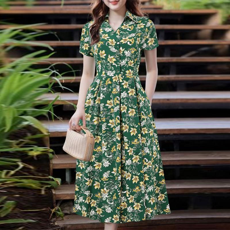 

ZANZEA Женское повседневное платье с отложным воротником и короткими рукавами с цветочным принтом 5XL зелёный