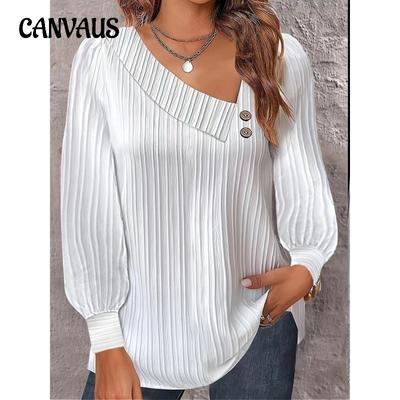 Frühling und Herbst Damen Bluse Einfache Plissee Bluse V-Ausschnitt Knopf Einfarbig Langarm Top
