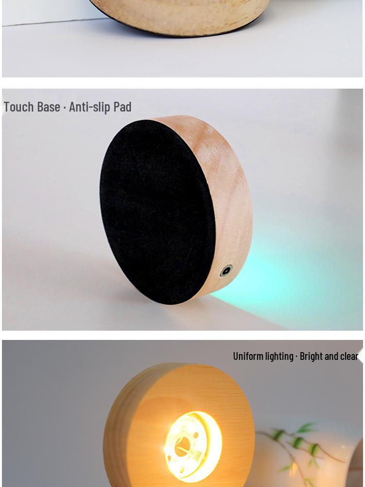 Round LED Night Light with Luminous Crystal Ball and Wooden Base for Bedroom