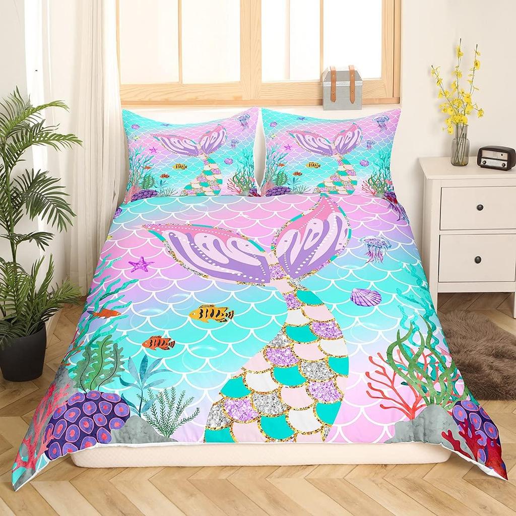 Erosebridal Mermaid Tail Comforter Cover,Kids Fish Scales Duvet Cover Twin,Girly Rainbow Bedding Set Ocean Life Sea Animal Bed Sets Teal Seq