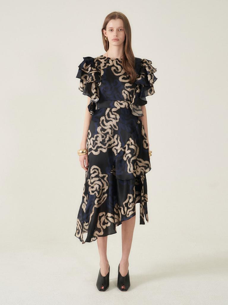 Kaie Art Graphic Satin Silk Asymmetrical Flare Dress