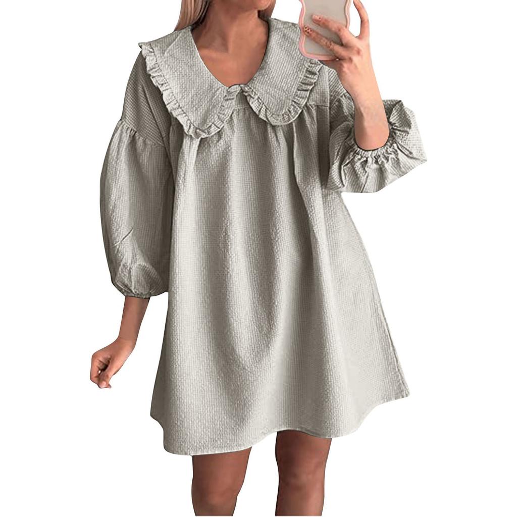 Women's Fashionable And Casual Puff Sleeve Lapel Doll Collar Loose Dress
