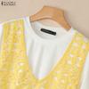 ZANZEA Women Casual Round Neck Mesh Patchwork Loose Short Sleeve T-Shirts