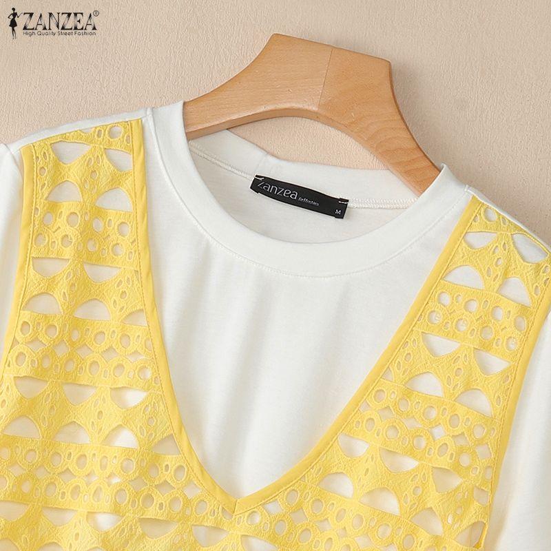 ZANZEA Women Casual Round Neck Mesh Patchwork Loose Short Sleeve T-Shirts