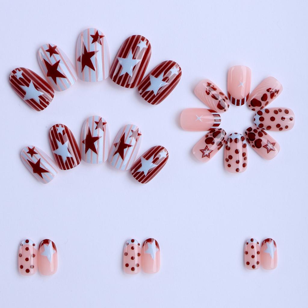24pcs French False Nails with Star Prints Design Retro Polka Dot Press On Nails for Women Daily Wear