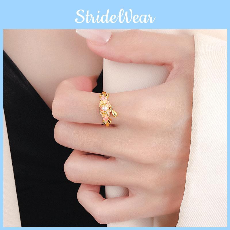 Pink Fashionable Peony Copper Ring Vintage Style Adjustable Open Floral Jewelry