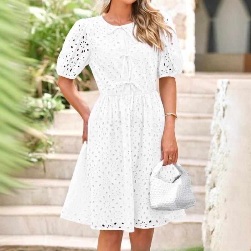 VEZFAA Damesmode Zomer Lente Effen Kleur Print Korte Mouw O-hals Hoge Taille Casual Jurken