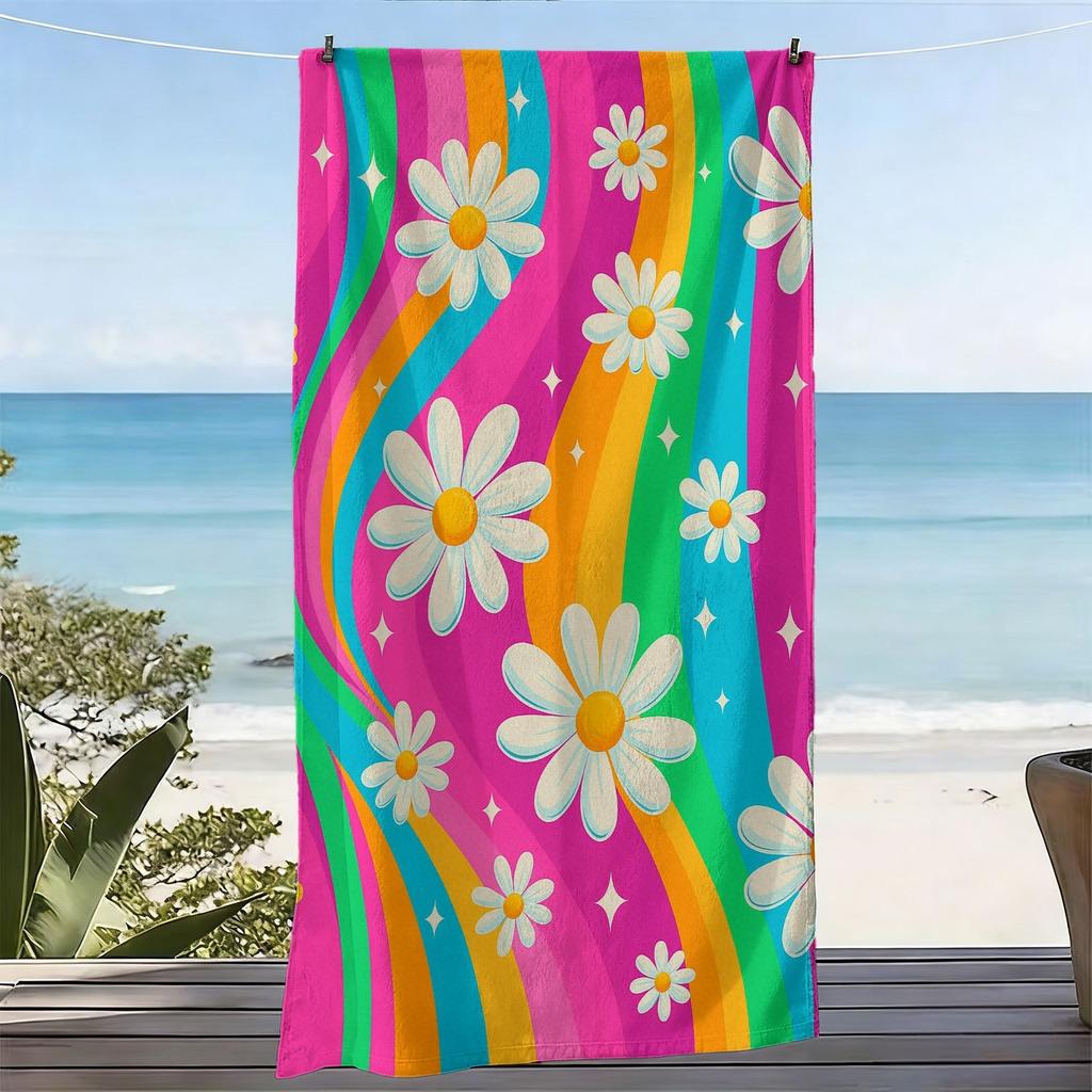 Livfull Regnbåge Sommarhandduk Stor Strandhandduk Mikrofiber Poolhandduk Snabbtorkande Prästkrage Tryck Absorberande Överdimensionerad Semesterfilt