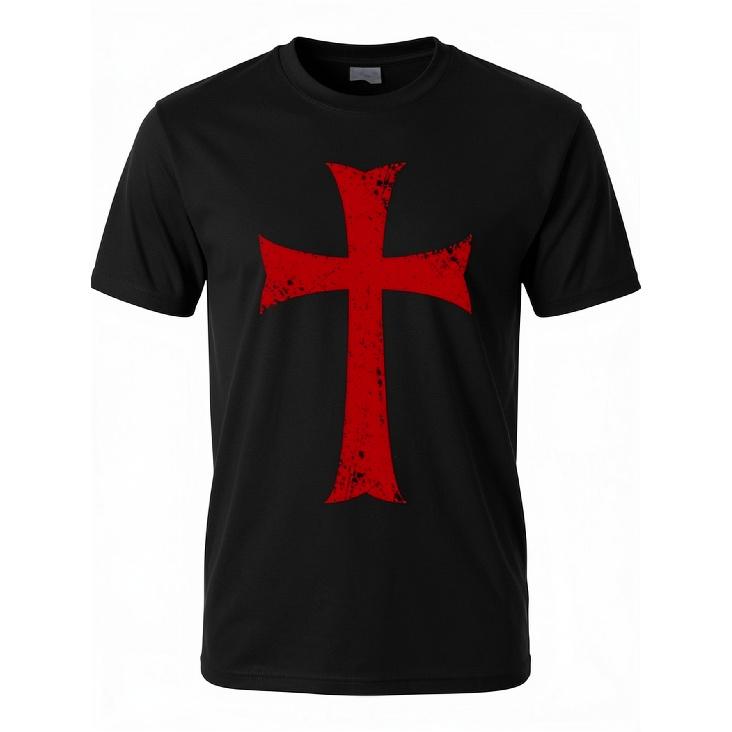 Herren Tempelritterkreuz Mittelalter Ritter T-Shirt - 100% Slim Fit Schwarz mit Roter distressed Tempelritterkreuz Druck, Ganzjahres Freizeit Streetwear,