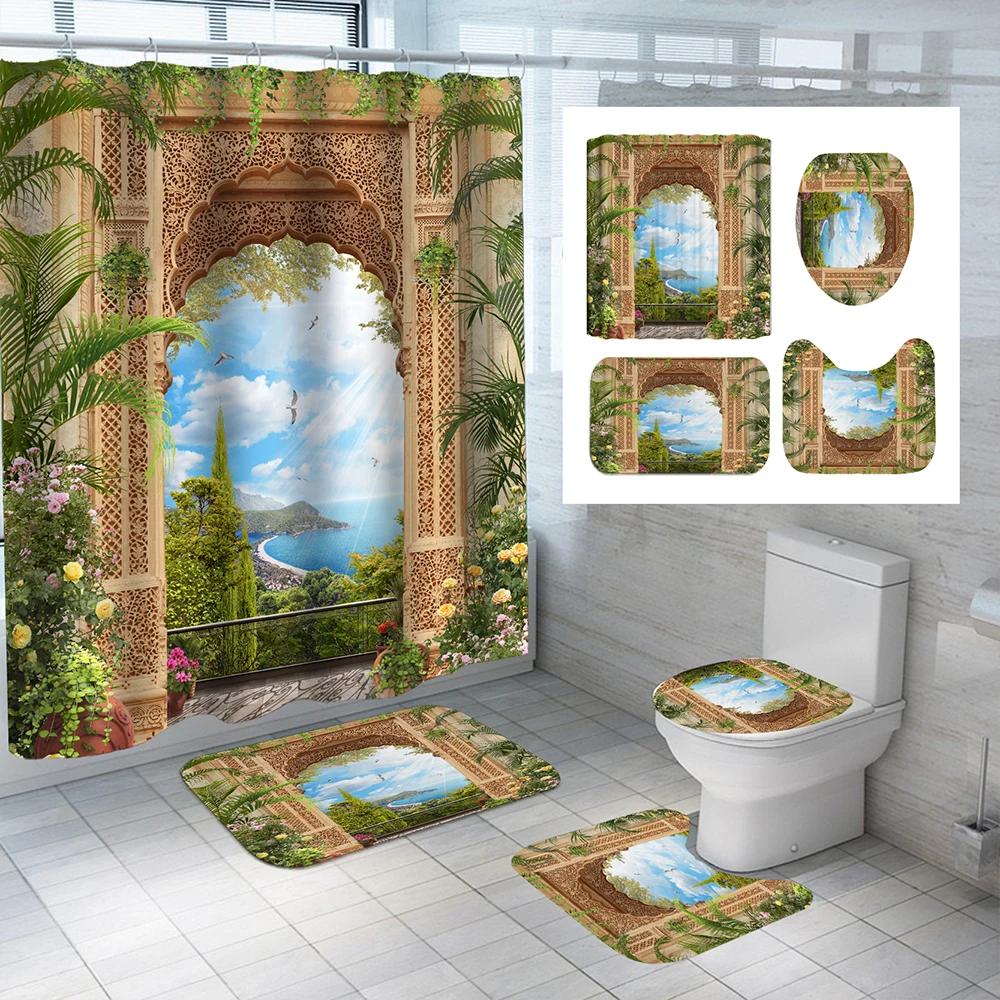 Sunny Beach Pattern Waterproof Polyester Shower Curtain With Hooks Anti-Slip Soft Bath Carpet Mat Lid Toilet Cover Home Decor
