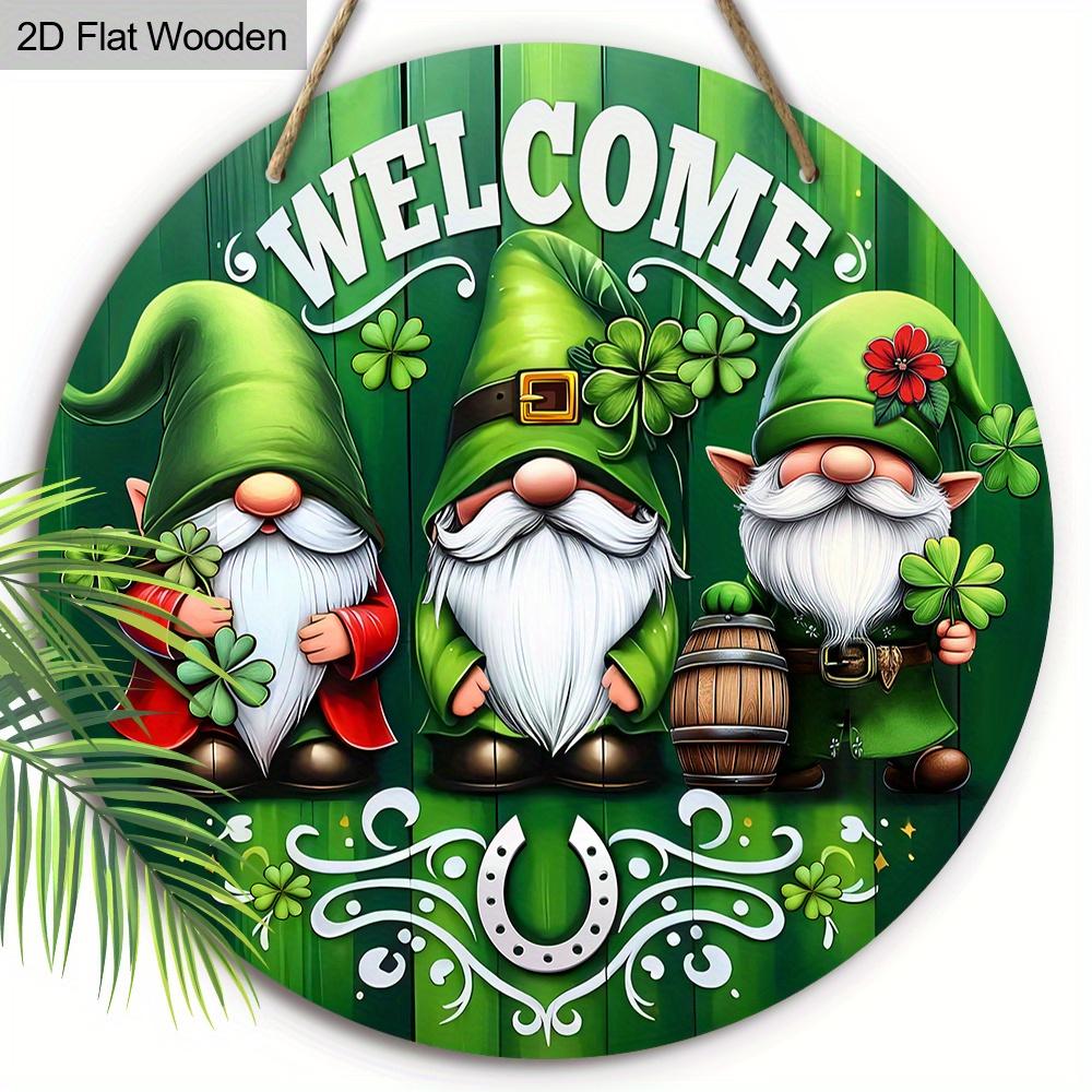 2D Flat, 1pc St. Patrick's Day Welcome Sign, Green Clover Gnome Wooden Ornament, Perfect for Patio Wall Front Door and Hallway Hanging Decoration