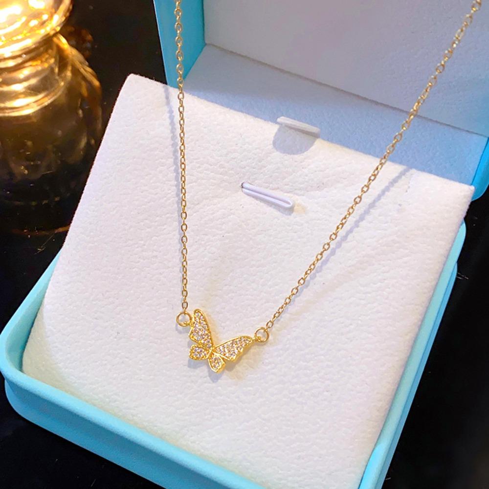 2026 Sparkling Full Zircon Butterfly Necklace - Gold Plated Titanium Steel Delicate Collarbone Chain for Women Fairy Jewelry