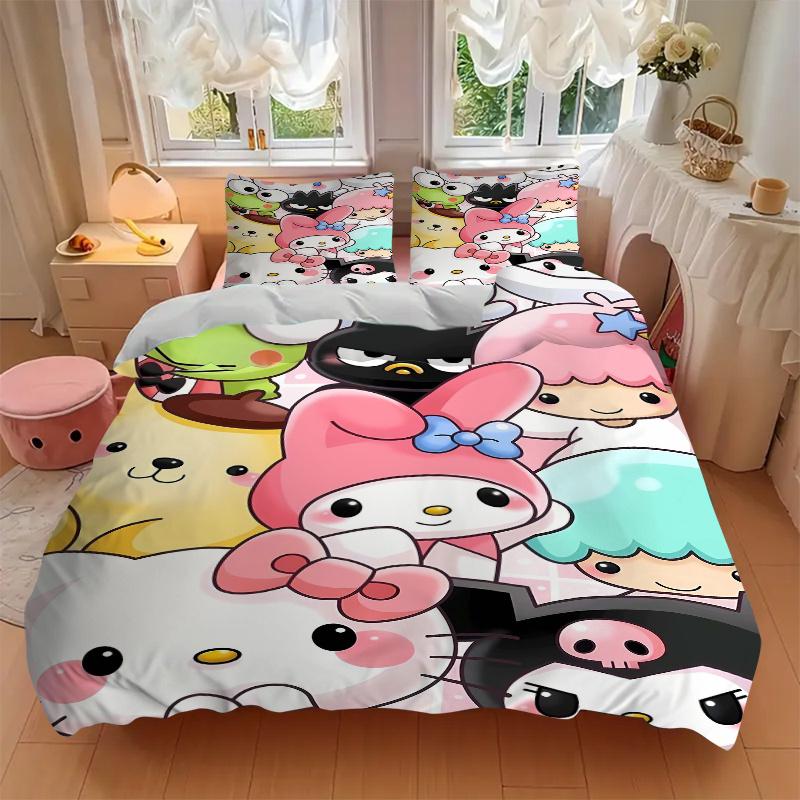 3pcs My Melody & Friends Quilt Cover Set (1 Quilt Cover + 2 Pillowcases Without Pillow Core), High-Definition Printing for Home and Dormitory.W06