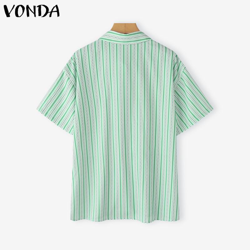 VONDA Women Tie Up Short Sleeve College Style Striped Oversized Casual Shirts