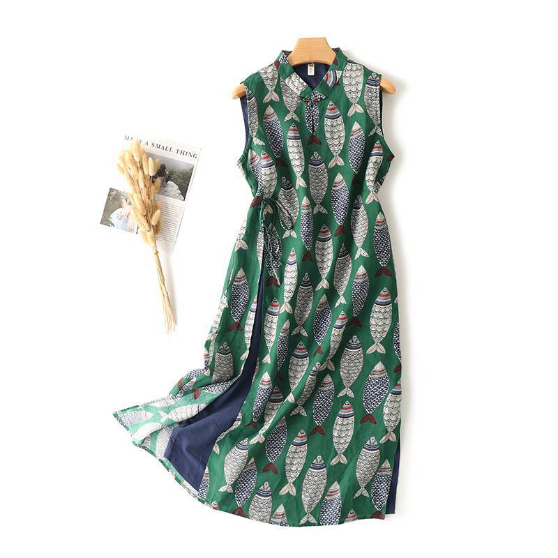 Women's Improved Cheongsam Summer Linen Style Retro Fish Print Frog Button Sleeveless Stand Collar Thin Fresh Midi Dress