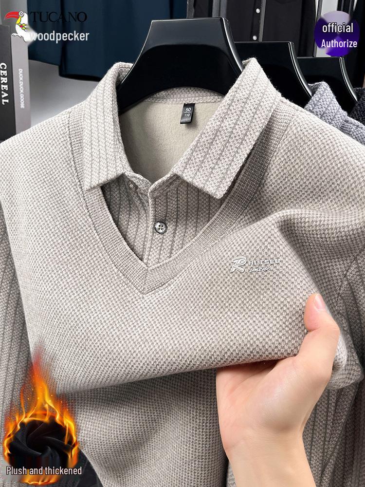 Woodpecker Herrstickad Tröja med Fleecefoder 2025 - Tjock, Varm, Tvådelad Vinterstil