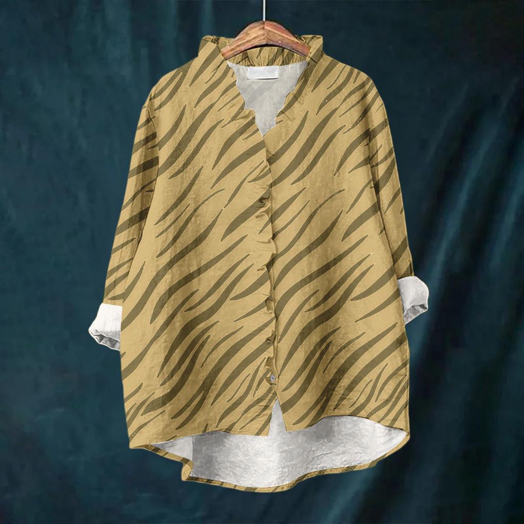 Women's Loose Ruffled Floral Print Stand Collar Long Sleeve Cotton And Linen Top