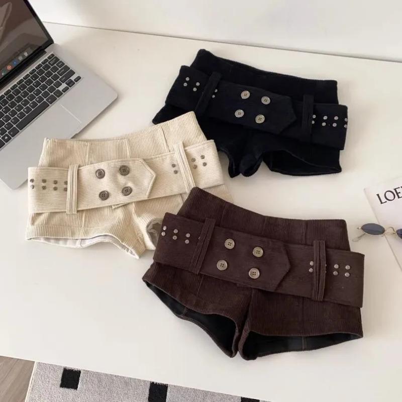 American Retro Style Belted Low Waist Corduroy Shorts Women's New Autumn Winter Sexy Spicy Casual Pants