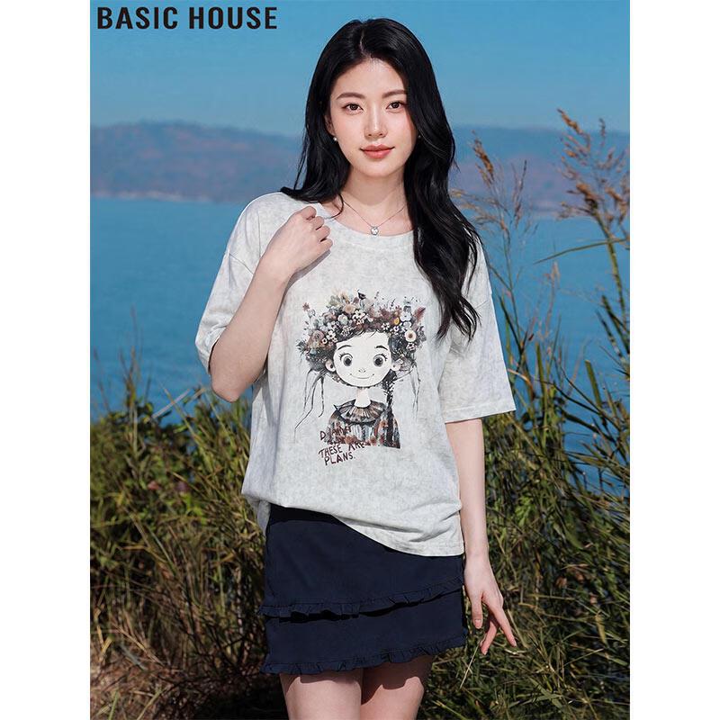 Basic House Women s Loose Printed Short Sleeve T-Shirt One Size