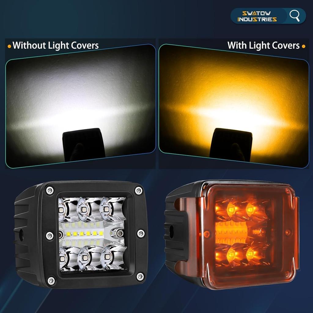 2PCS Pod Light Covers Amber 3 Inch LED Light Bar Cover Amber LED Pods 3X3 Square Work Lights Cube Covers Ditch Pods PC Lens Cover